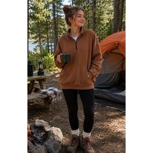 Caracilia Womens Quarter Zip Fleece Pullover Sweatshirt Brown XL Oversized